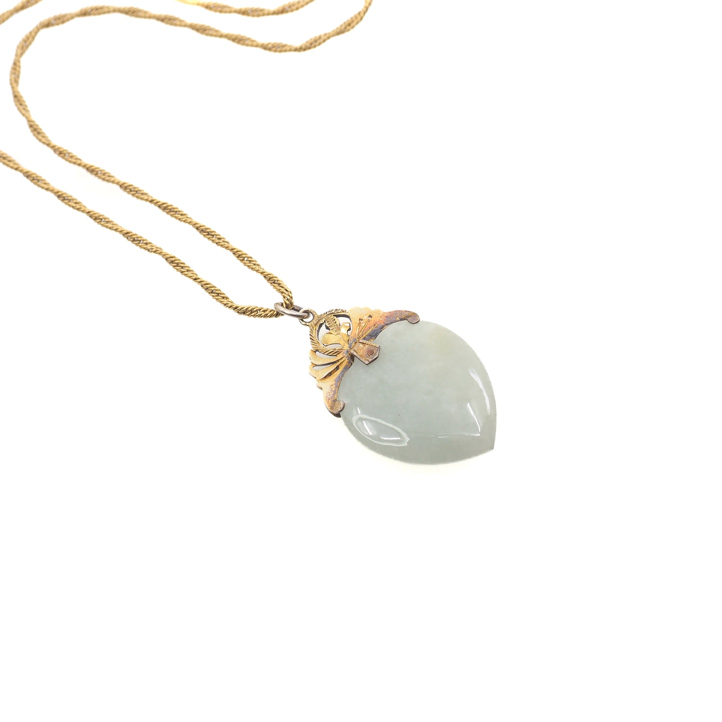 Vintage 1960s Heart Green Jadeite Jade and Gold Filled 18" Necklace