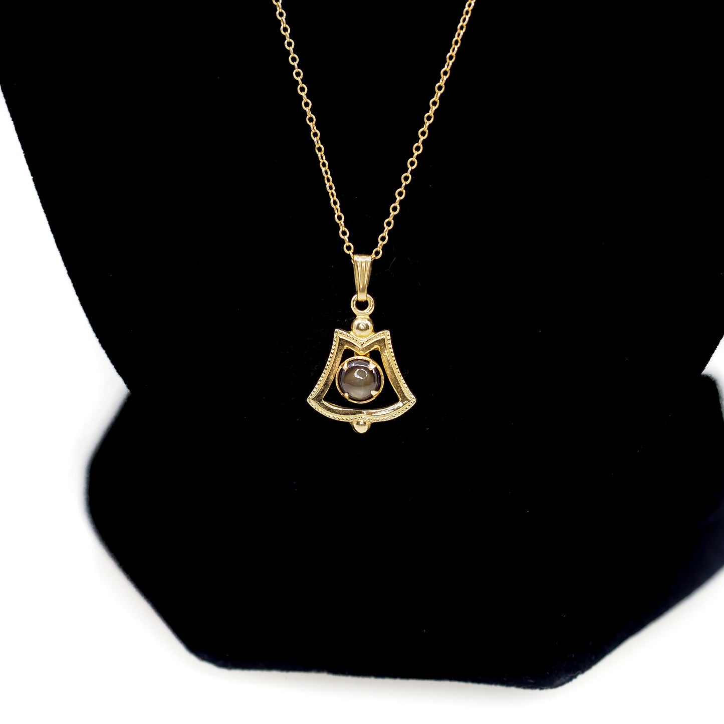 Vintage 1970s Black Star Sapphire Gold Filled Bell Pendant 20" Necklace