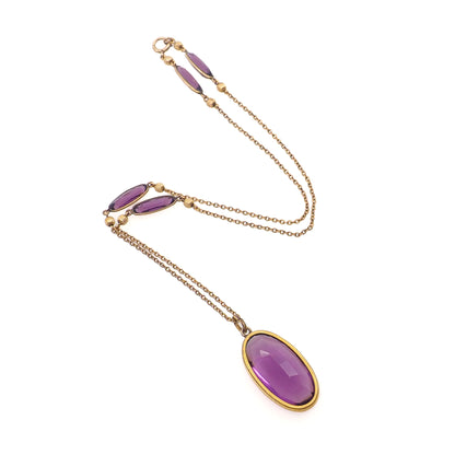 Antique 1900s Art Nouveau Purple Glass and Gold Filled 20" Necklace