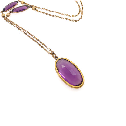 Antique 1900s Art Nouveau Purple Glass and Gold Filled 20" Necklace