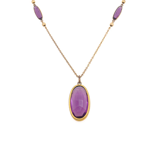 Antique 1900s Art Nouveau Purple Glass and Gold Filled 20" Necklace