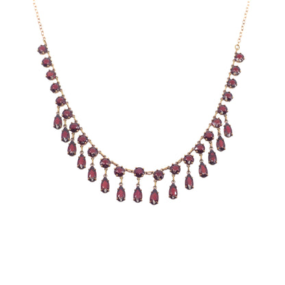 Vintage 1930s Victorian Revival Red Glass and Brass Collar 18" Necklace