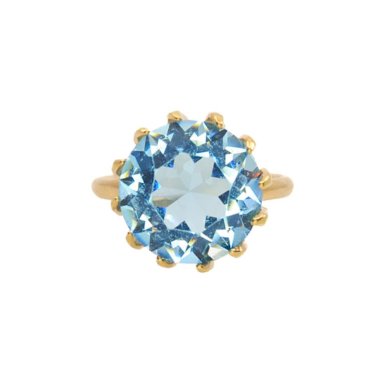 Vintage 1960s UNCAS Blue Glass and 18K Gold Electroplate Large Cocktail Ring Size 9