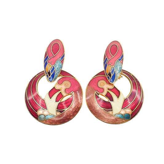 Vintage 1980s Colorful Flamingo Enamel and Gold Tone Metal Drop Pierced Earrings