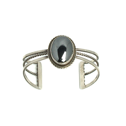 Vintage 1970s Hematite Cabochon Sterling  Silver Rope Native American Gemstone 6.5" Cuff Bracelet