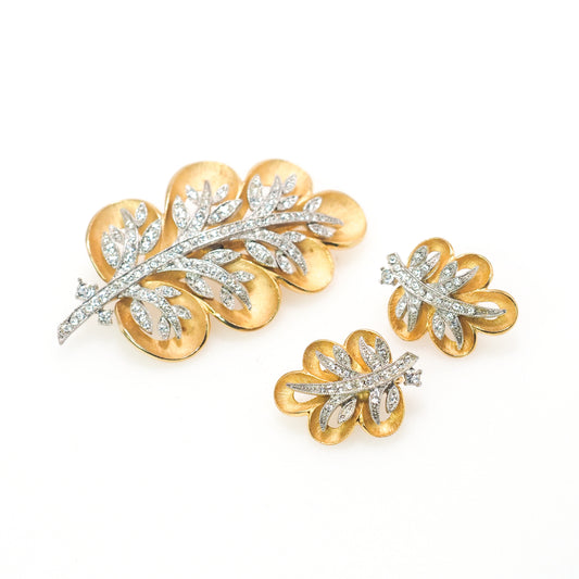 Vintage 1960s Clear Rhinestone Gold Plate Leaf Statement Brooch and Clip Earring Set