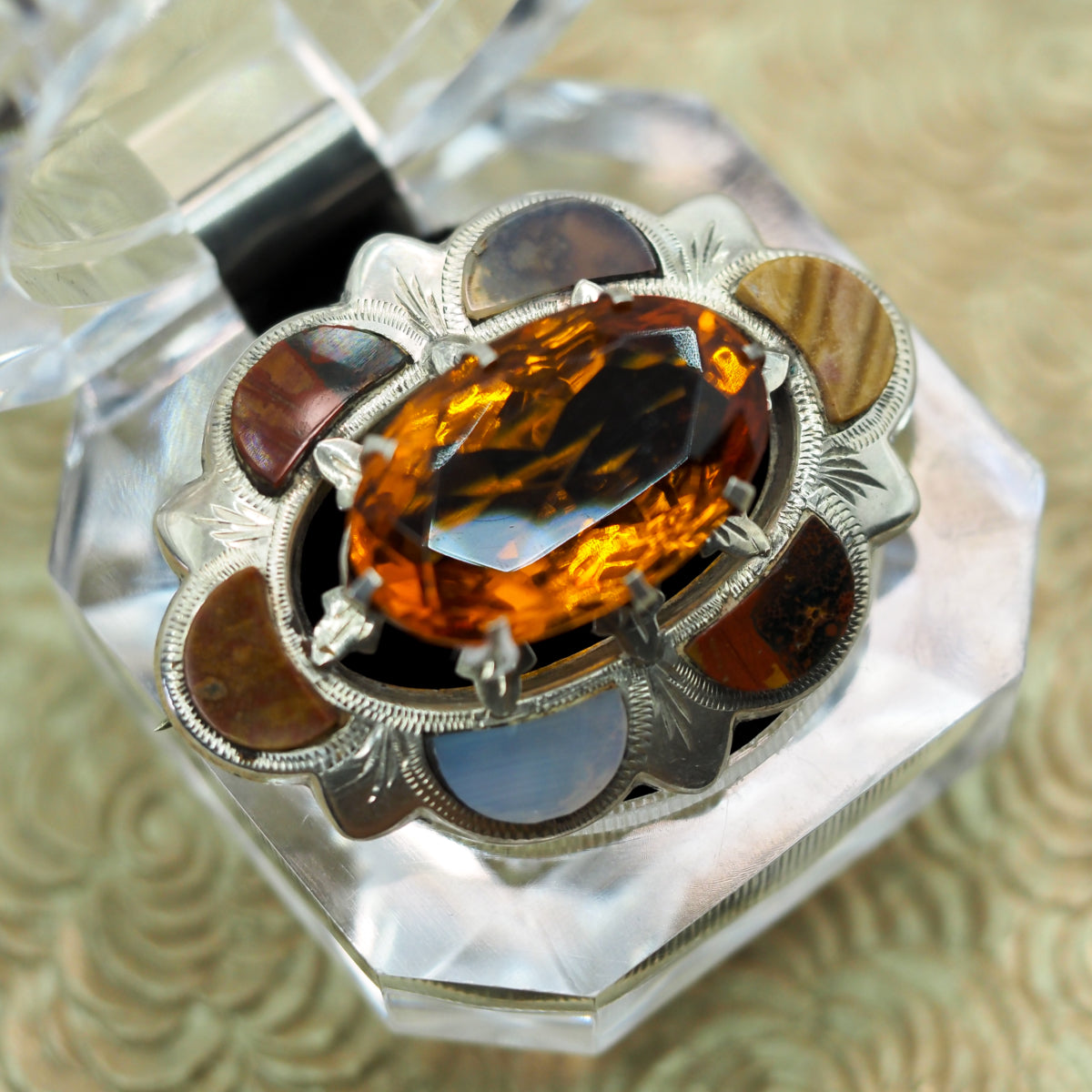 Vintage 1950s Scottish Pebble Agate, Bloodstone, Jasper, Orange Glass, and Sterling Silver Oval Large Brooch