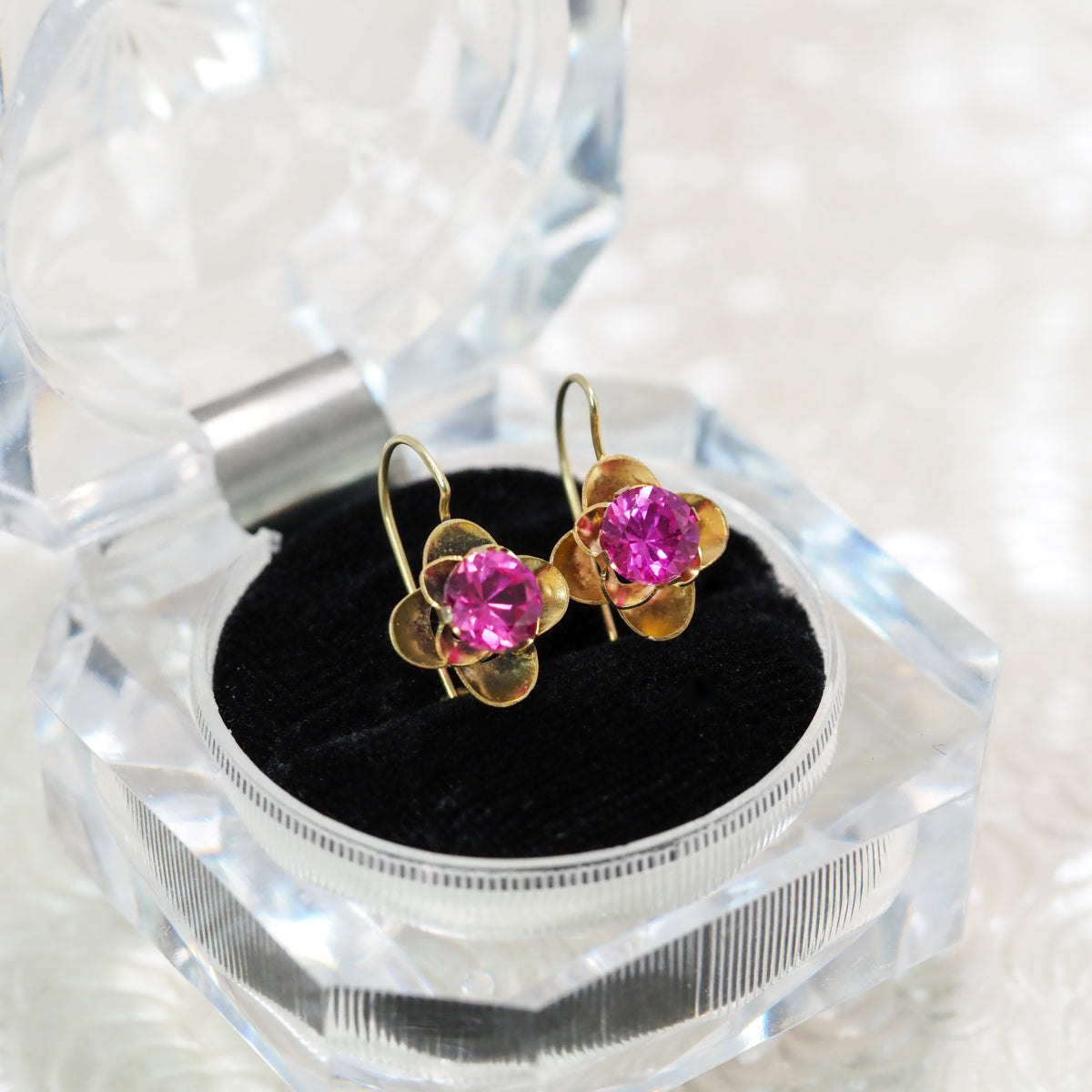 Antique 1910s Edwardian 1.92ct Lab Pink Sapphire and 10K Yellow Gold Kidney Wire Pierced Drop Earrings image 1