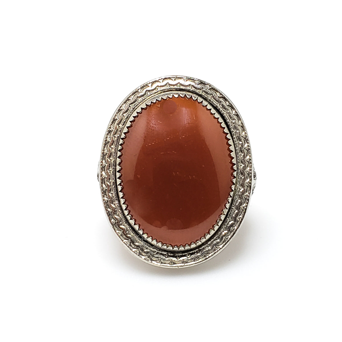 Antique 1920s NEMCO Art Deco Brownish Red Glass and Silver Plate Filigree Ring Size 4.75 image 0