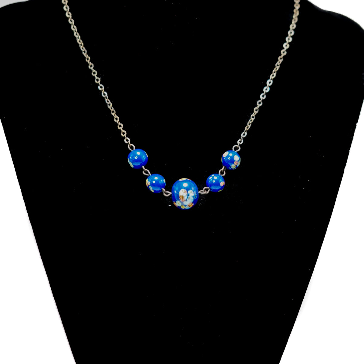 Antique 1910s Blue Venetian Bead and Brass Flower Choker 15" Necklace image 3