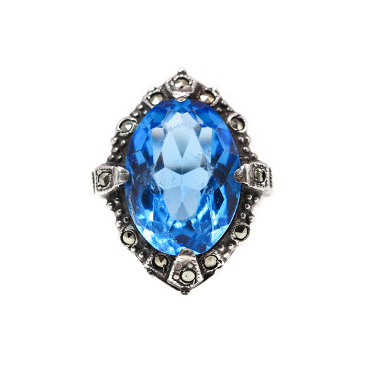 Vintage 1930s Art Deco Large Blue Glass, Sterling Silver, and Marcasite Solitaire Pinky Ring Size 4 image 0