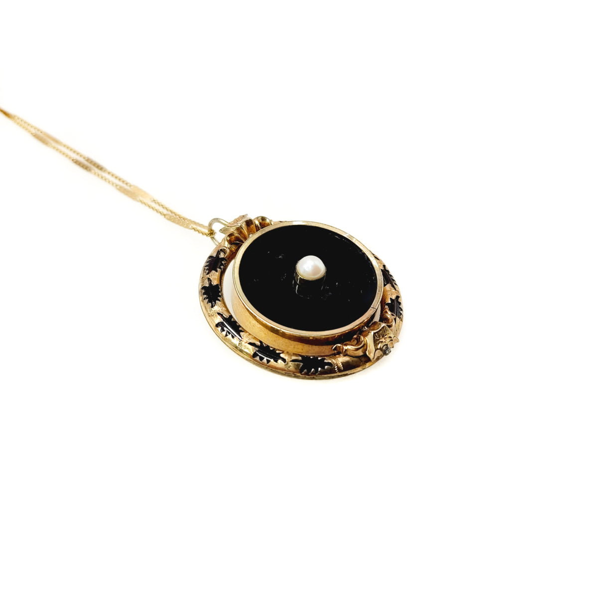 Antique 1880s Mid-Victorian Enamel, Seed Pearl, and Gold Filled Fob Flip Compartment Mourning Pendant 29" Necklace image 5