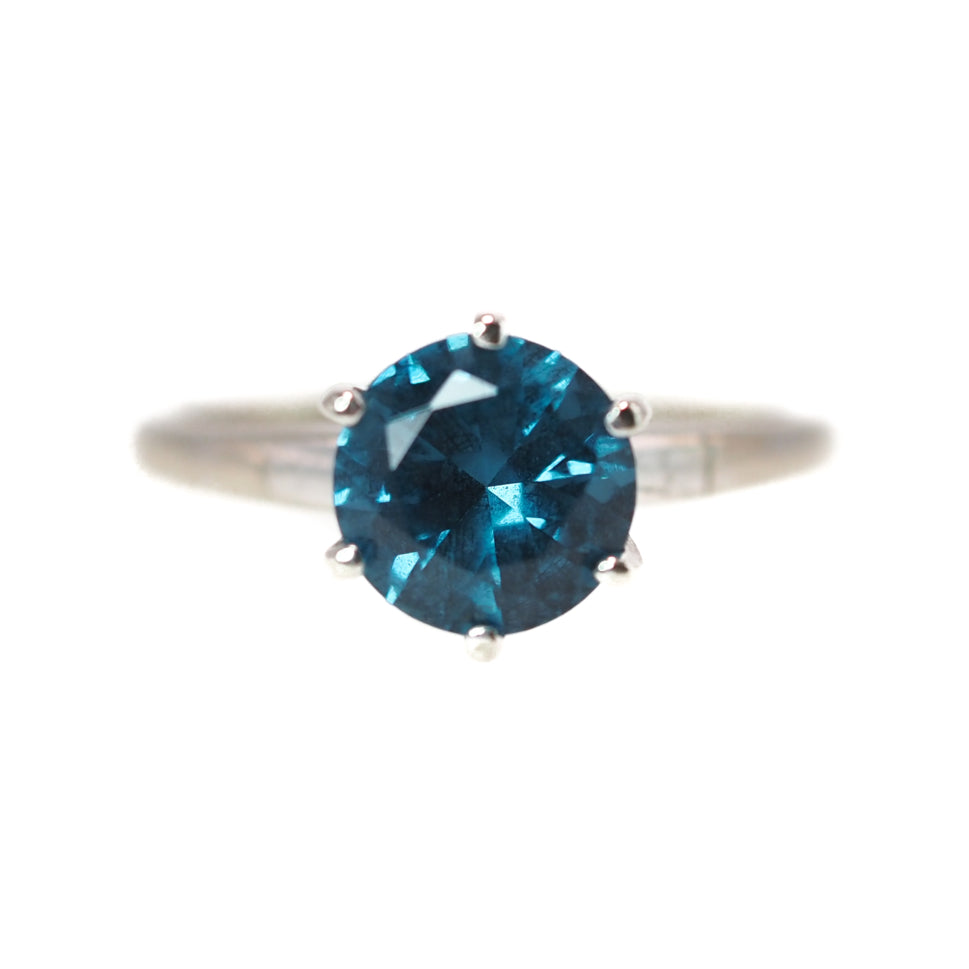 Vintage 1970s Greenish Blue Lab Created Spinel and 10K White Gold Solitaire Ring Size 5 image 0