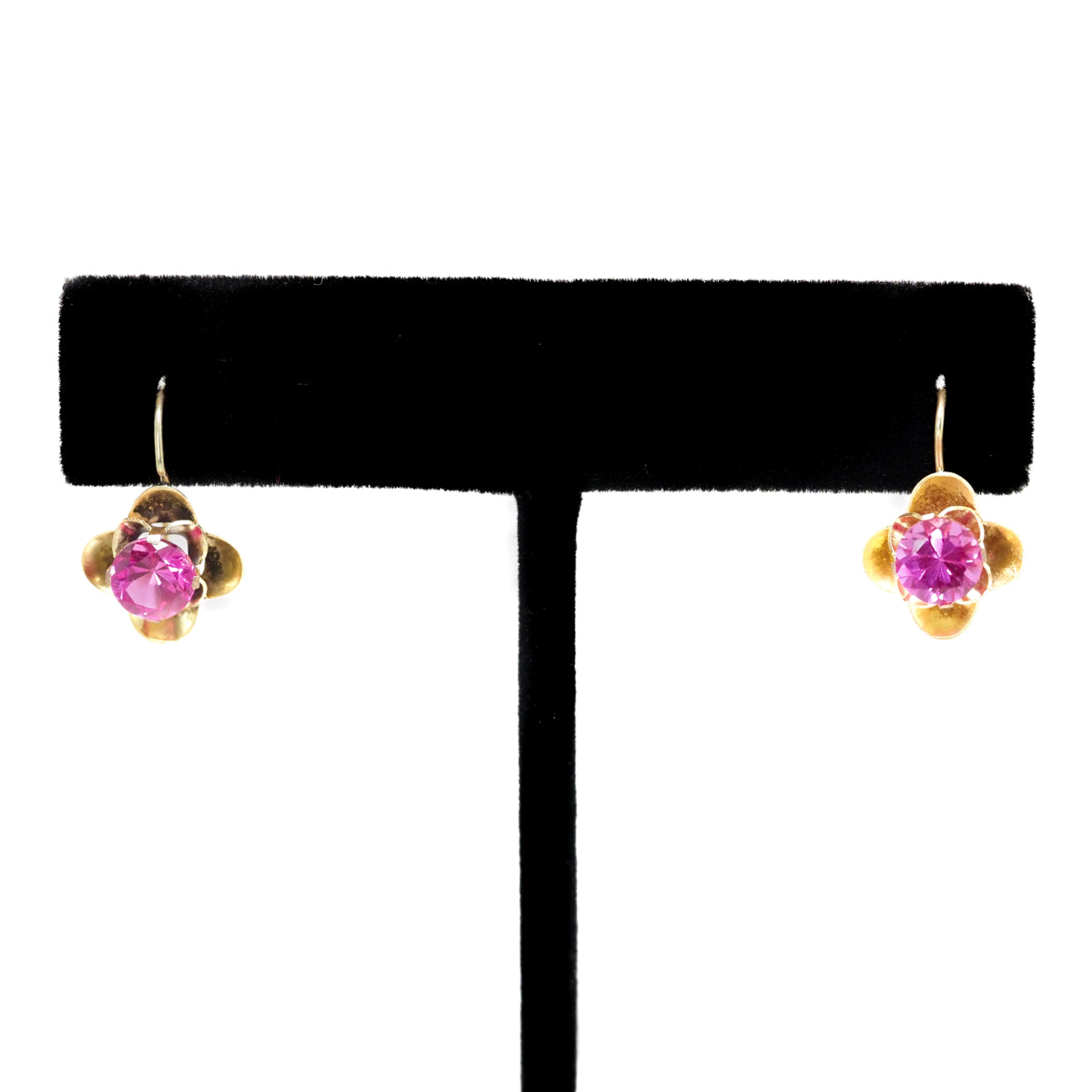 Antique 1910s Edwardian 1.92ct Lab Pink Sapphire and 10K Yellow Gold Kidney Wire Pierced Drop Earrings image 5