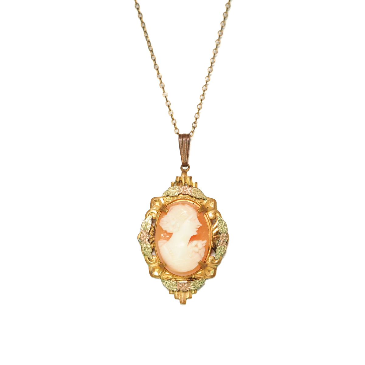 Antique 1910s Art Nouveau Pink Shell Cameo and Gold Filled Flower 18" Necklace image 0