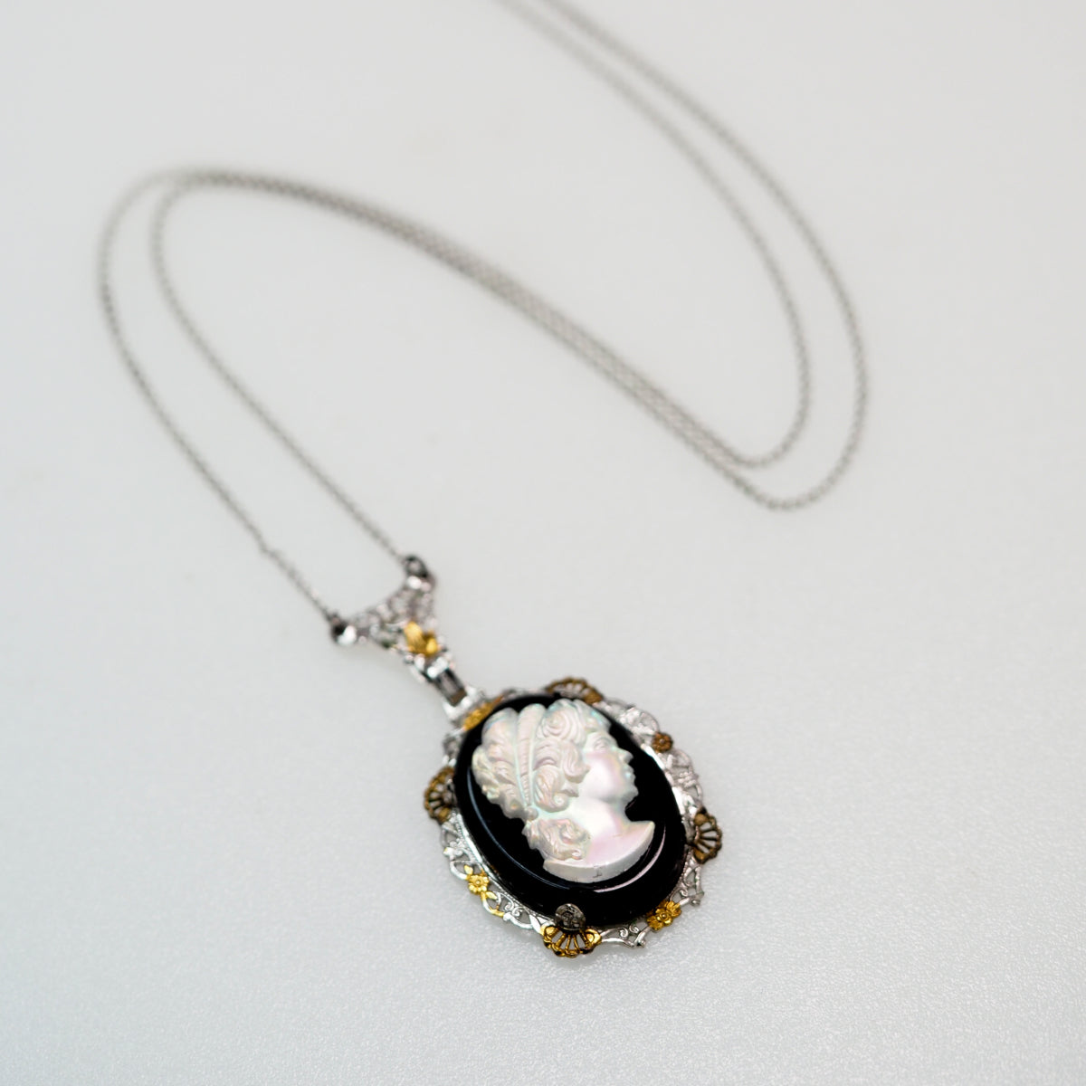 Antique 1920s Art Deco Iridescent Glass, Imitation Onyx, Gold Plate, and Sterling Silver Filigree 18" Necklace image 2