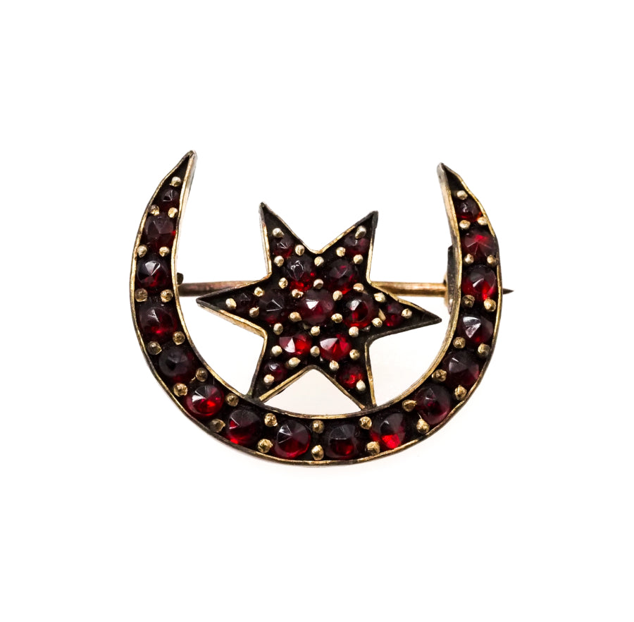 Antique 1910s Rose Cut Bohemian Garnet Star and Crescent Moon Cluster Gilt Brooch image 0