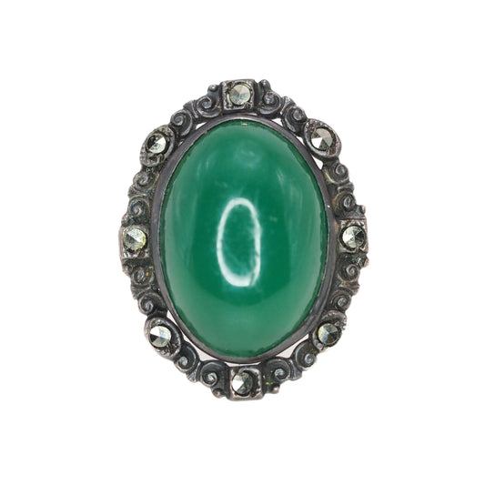 Vintage 1930s Green Glass Cabochon, Marcasite, and Sterling Silver Ring Size 4.75 image 0