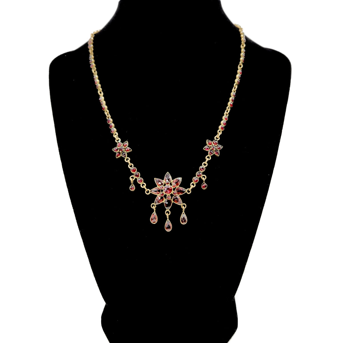 Antique 1900s Rose Cut Bohemian Garnet and Gilt Star Flower Choker Statement 17" Necklace image 2