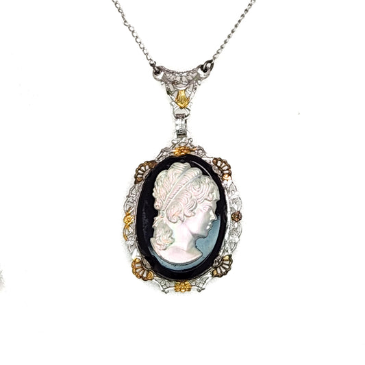 Antique 1920s Art Deco Iridescent Glass, Imitation Onyx, Gold Plate, and Sterling Silver Filigree 18" Necklace image 0