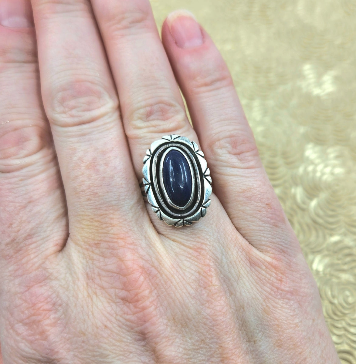 Vintage 1970s LESLIE YAZZIE Blue Lapis Lazuli Cabochon and Sterling Silver Solitaire Ring Size 6 image 6