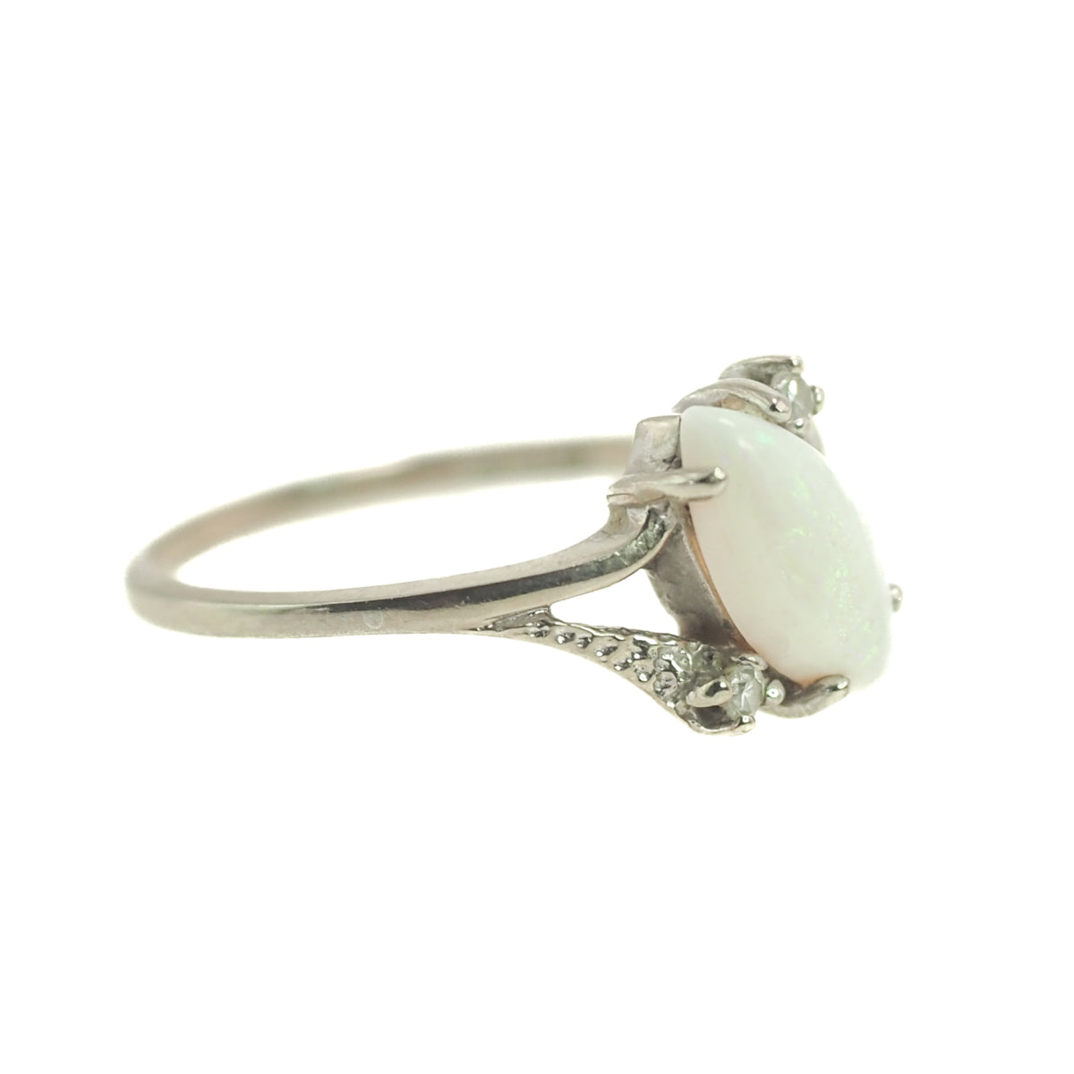 Vintage 1970s Marquise-Cut Opal Cabochon, Diamond, and 10K White Gold Ring Size 6.25 image 3