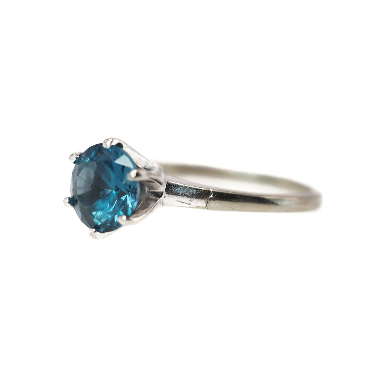 Vintage 1970s Greenish Blue Lab Created Spinel and 10K White Gold Solitaire Ring Size 5 image 2