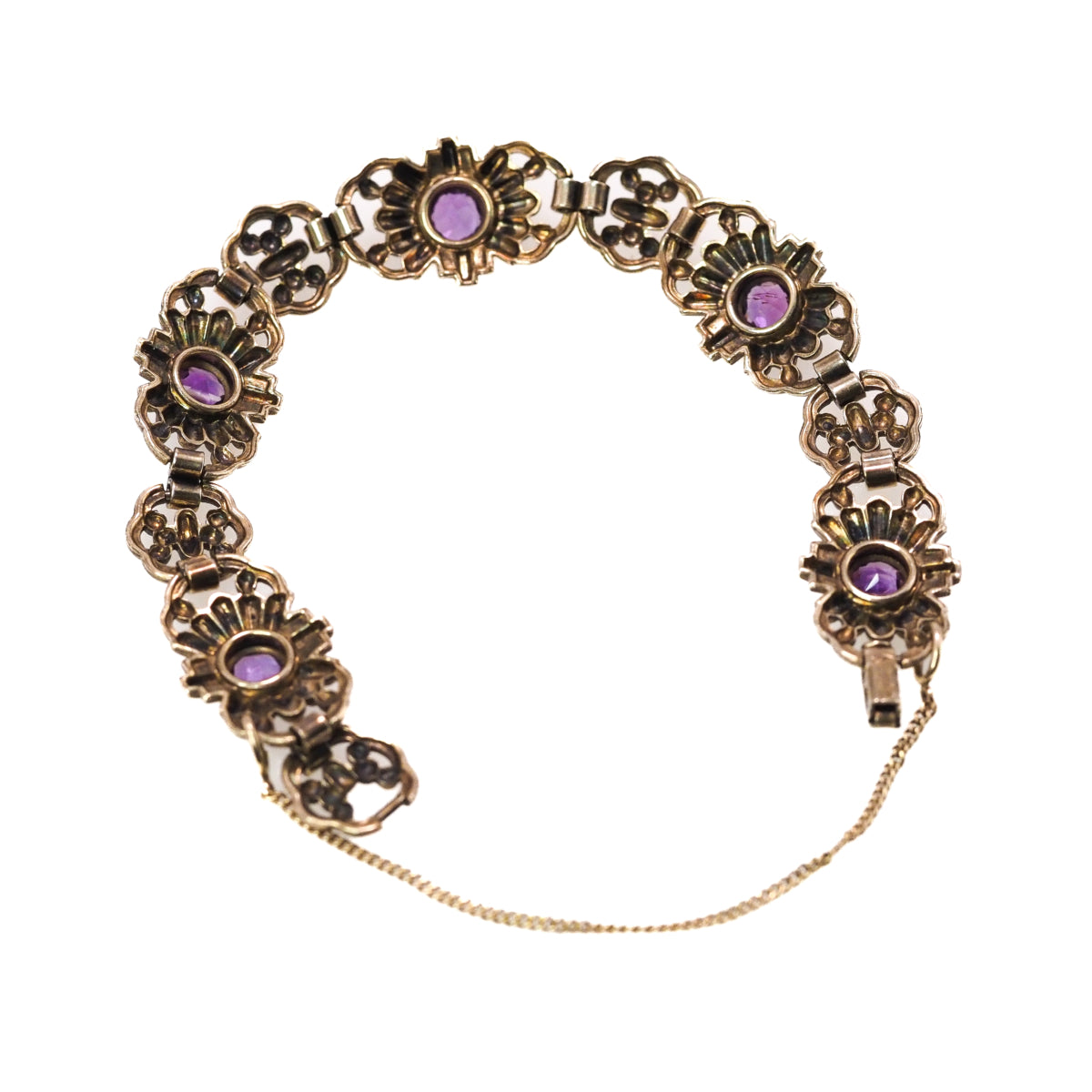 Vintage 1940s Retro Art Deco Purple Glass and Rose Gold Fill Flower Link 7" Bracelet image 4