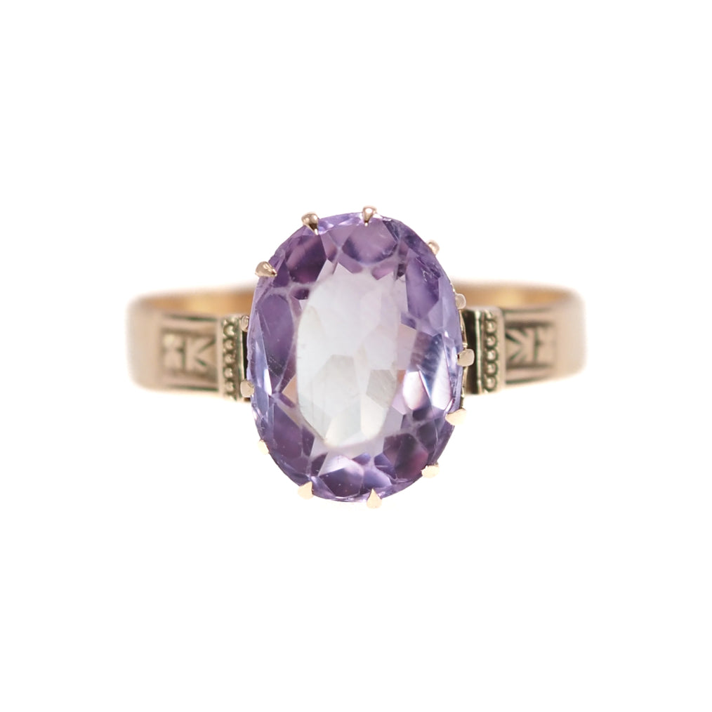 Antique 1880s Late Victorian Oval Cut Amethyst and 10K Rose Gold Etched Solitaire Ring Size 7 image 0