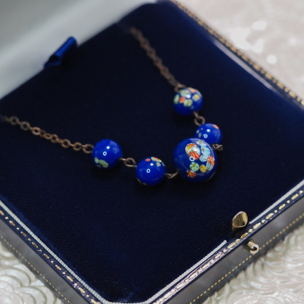 Antique 1910s Blue Venetian Bead and Brass Flower Choker 15" Necklace image 1