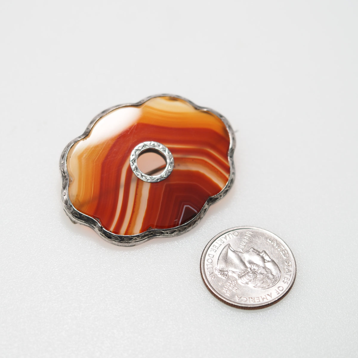 Antique 1880s Late Victorian Scottish Pebble Orange Banded Agate Silver Large Brooch image 6