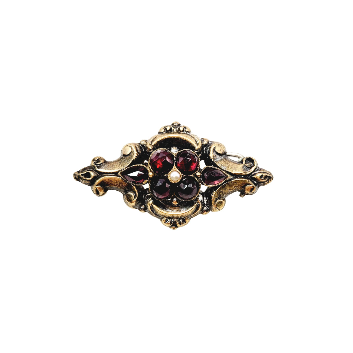 Antique 1850s Early Victorian Bohemian Garnet, Seed Pearl, and Gold Plate Brooch image 1