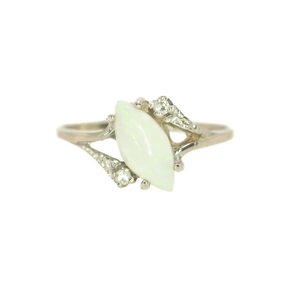 Vintage 1970s Marquise-Cut Opal Cabochon, Diamond, and 10K White Gold Ring Size 6.25 image 0