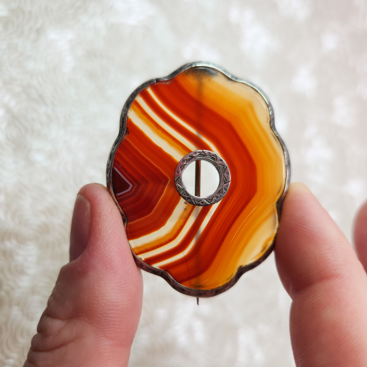 Antique 1880s Late Victorian Scottish Pebble Orange Banded Agate Silver Large Brooch image 5