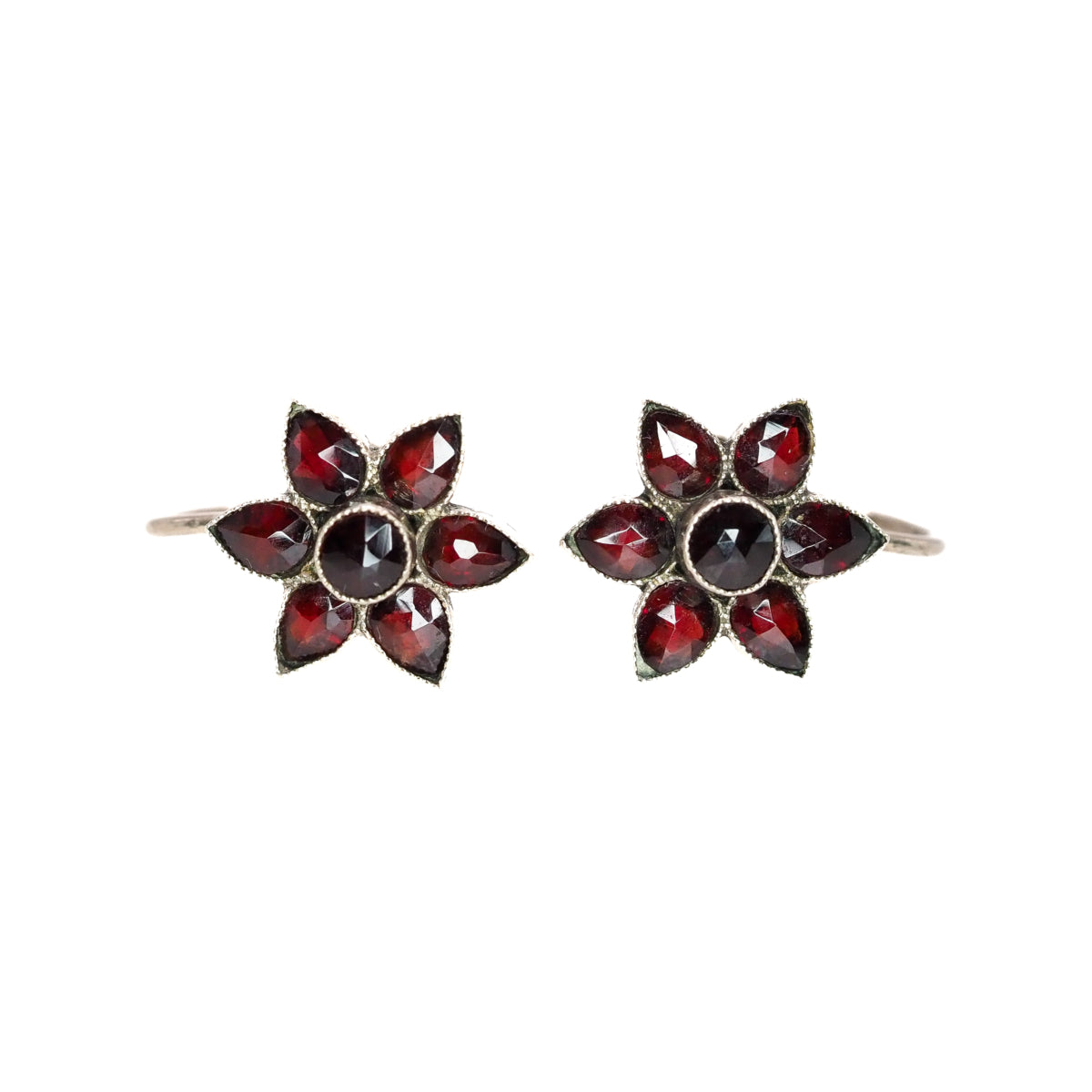 Antique 1910s Bohemian Garnet and Silver Flower Screw Back Non-Pierced Earrings image 0