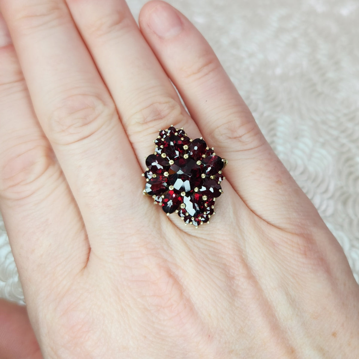 Vintage 1990s Pyrope Garnet and Gold Washed 900 Silver Cluster Ring Size 6.75 image 6