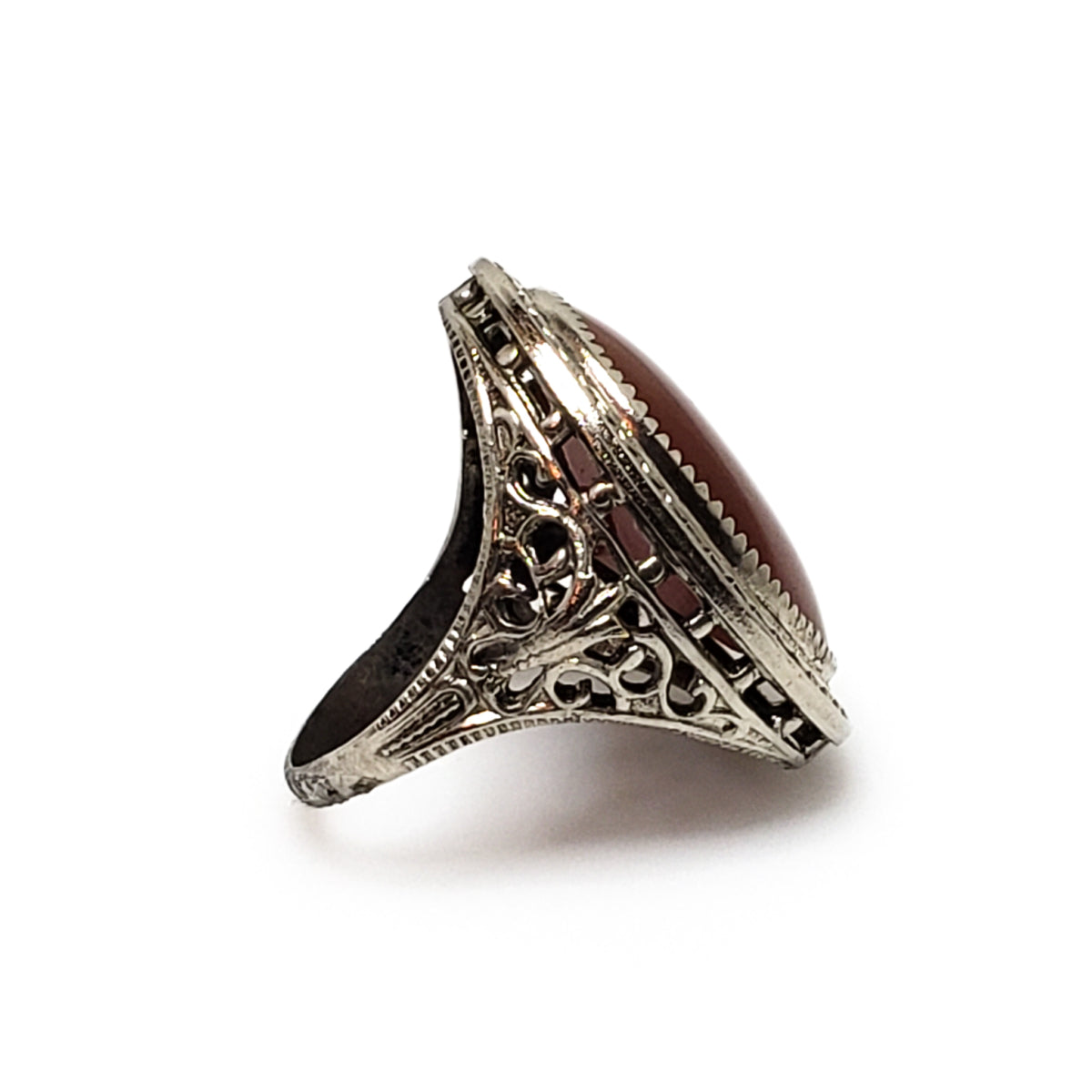 Antique 1920s NEMCO Art Deco Brownish Red Glass and Silver Plate Filigree Ring Size 4.75 image 3