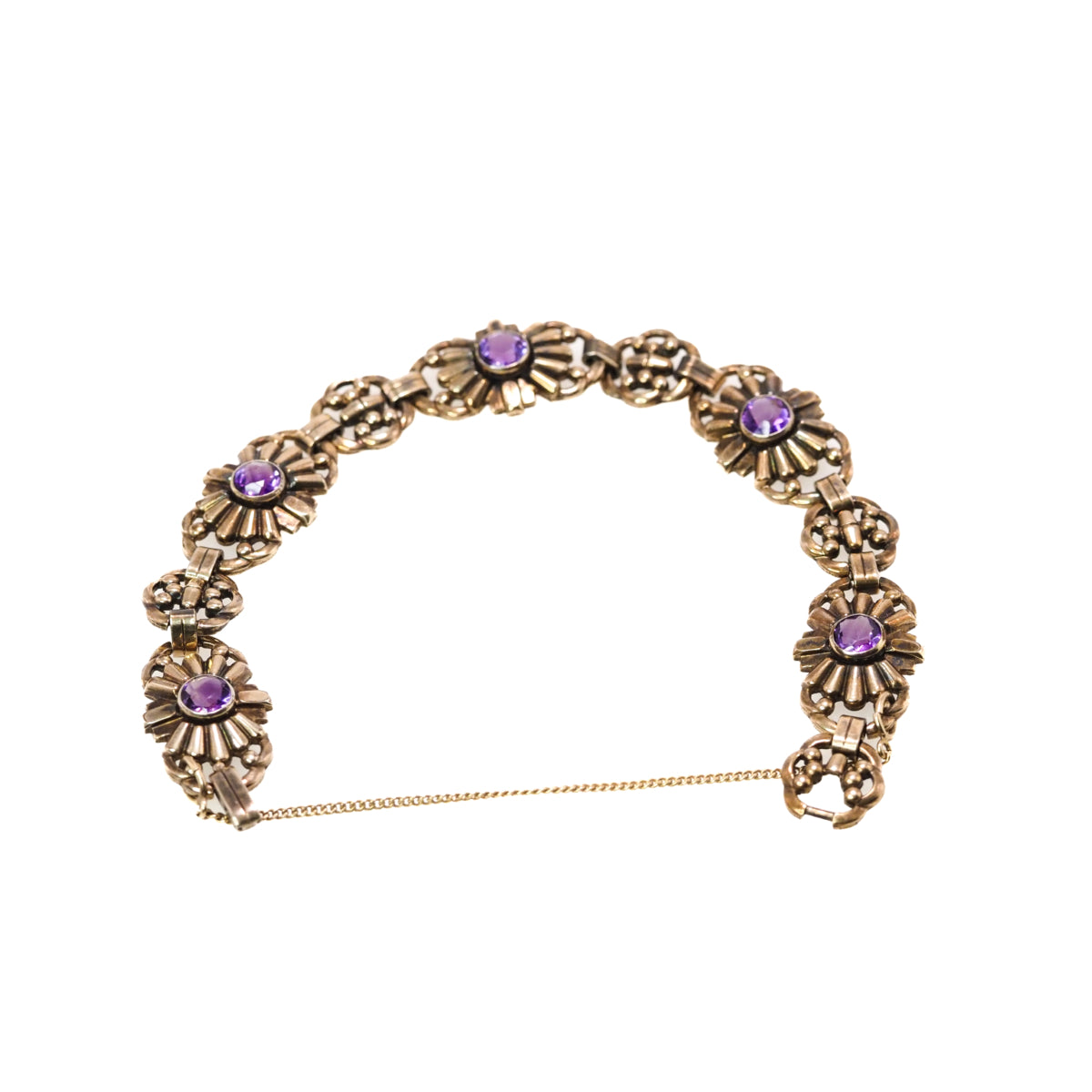 Vintage 1940s Retro Art Deco Purple Glass and Rose Gold Fill Flower Link 7" Bracelet image 3