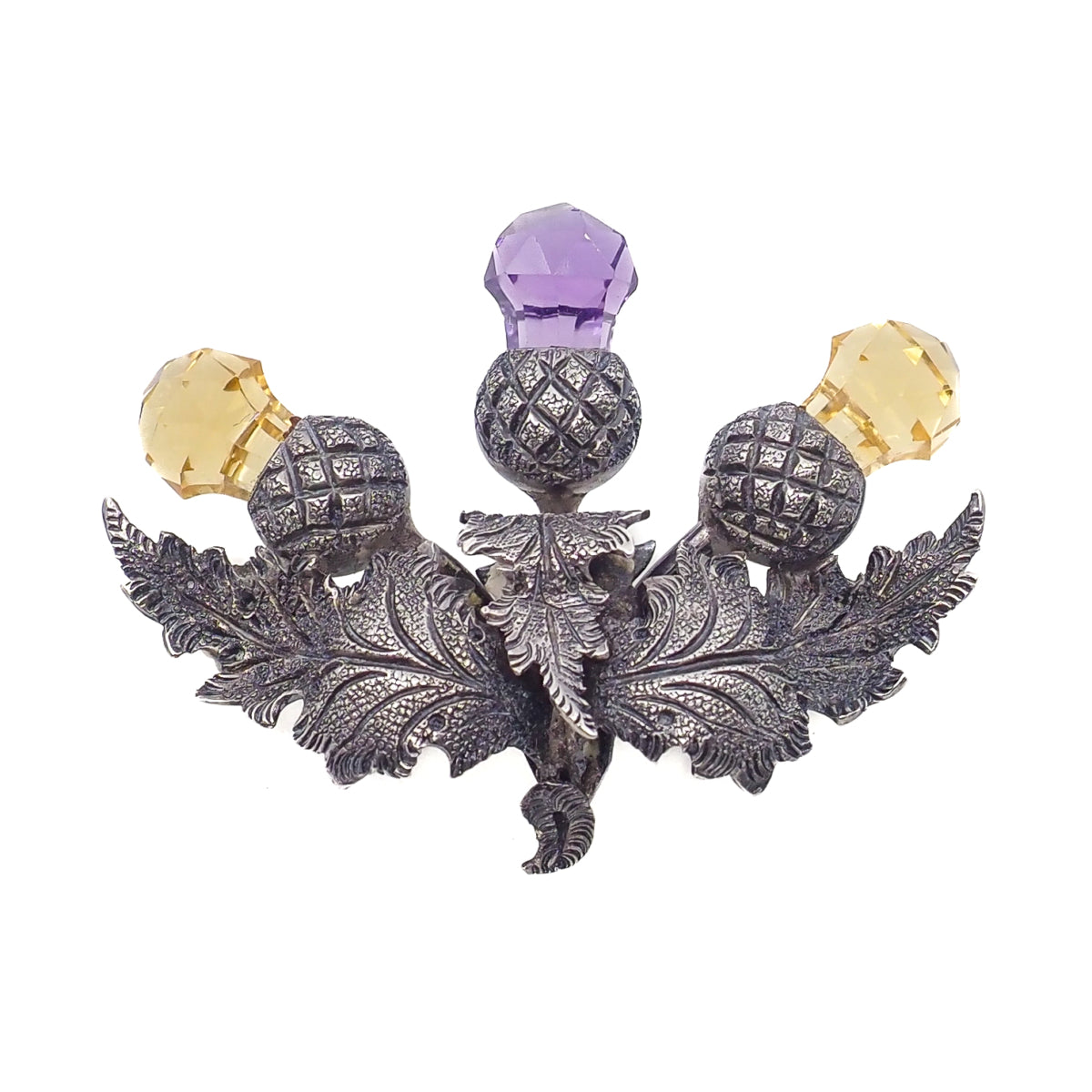 Antique 1910s Edwardian Silver and Imitation Cairngorm and Amethyst Scottish Thistle Brooch image 0