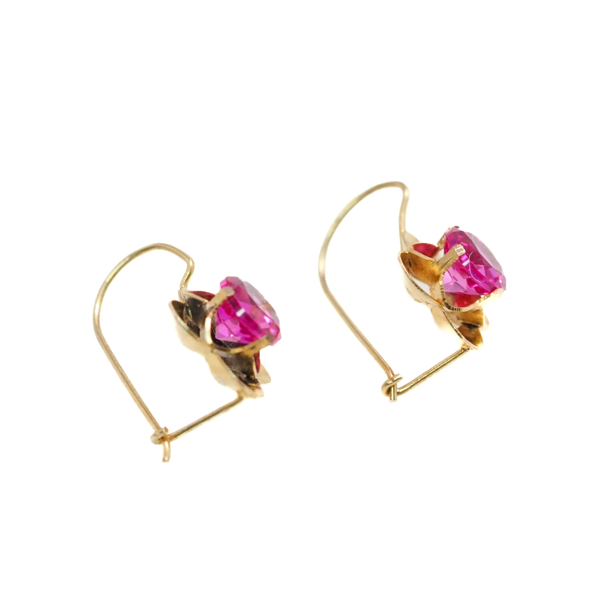 Antique 1910s Edwardian 1.92ct Lab Pink Sapphire and 10K Yellow Gold Kidney Wire Pierced Drop Earrings image 3