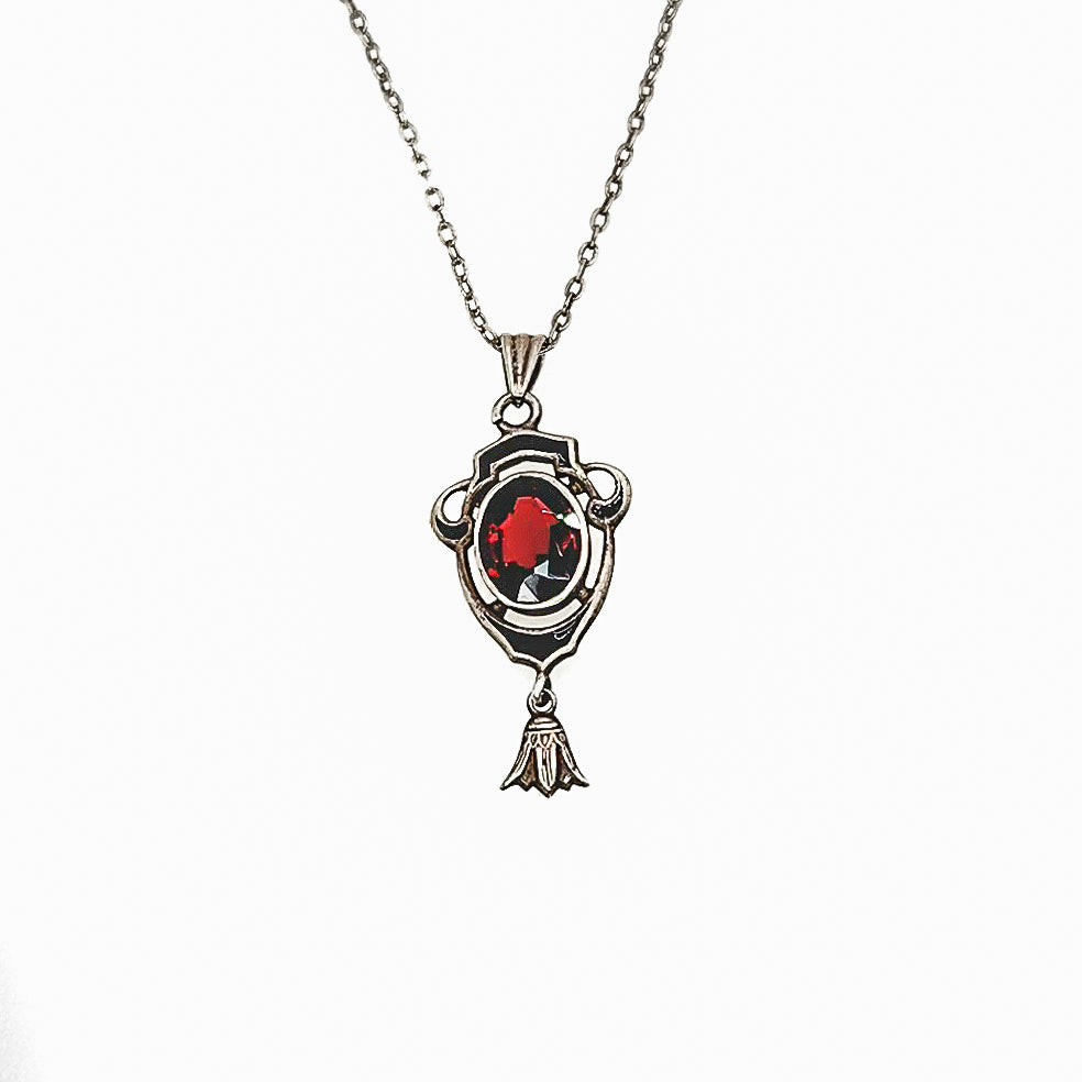 Antique 1900s Art Nouveau Almandite Garnet, Black Enamel, and Sterling Silver Lavalier 16" Necklace image 0