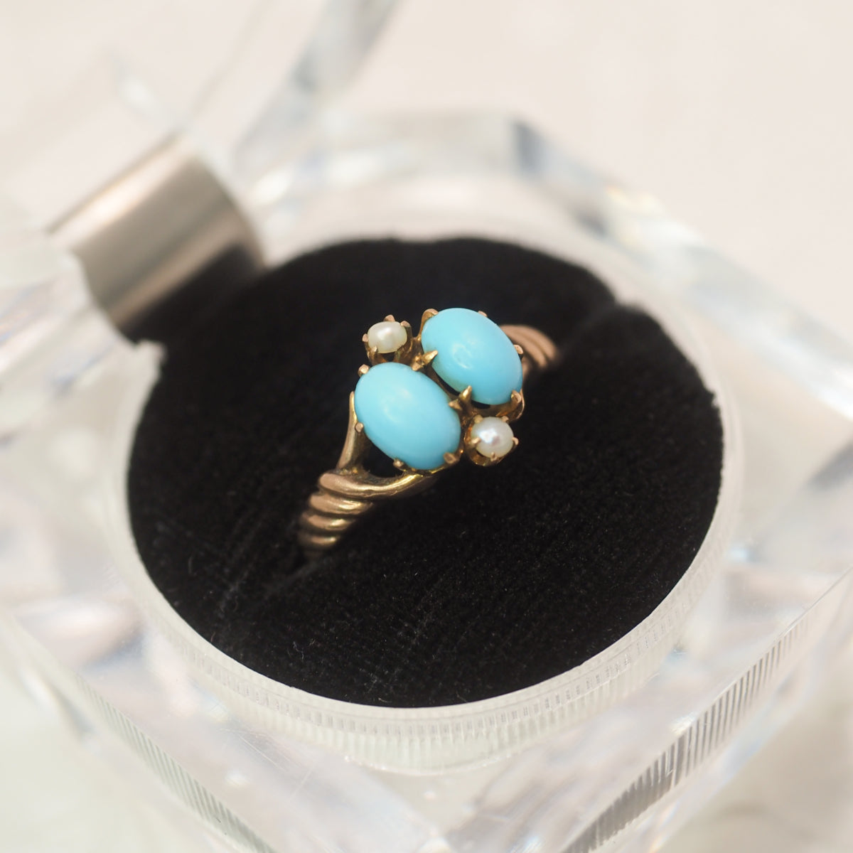 Antique 1890s Late Victorian Aesthetic Period Blue Turquoise, 14K Rose Gold, and Natural Seed Pearl Ring Size 8.25 image 1