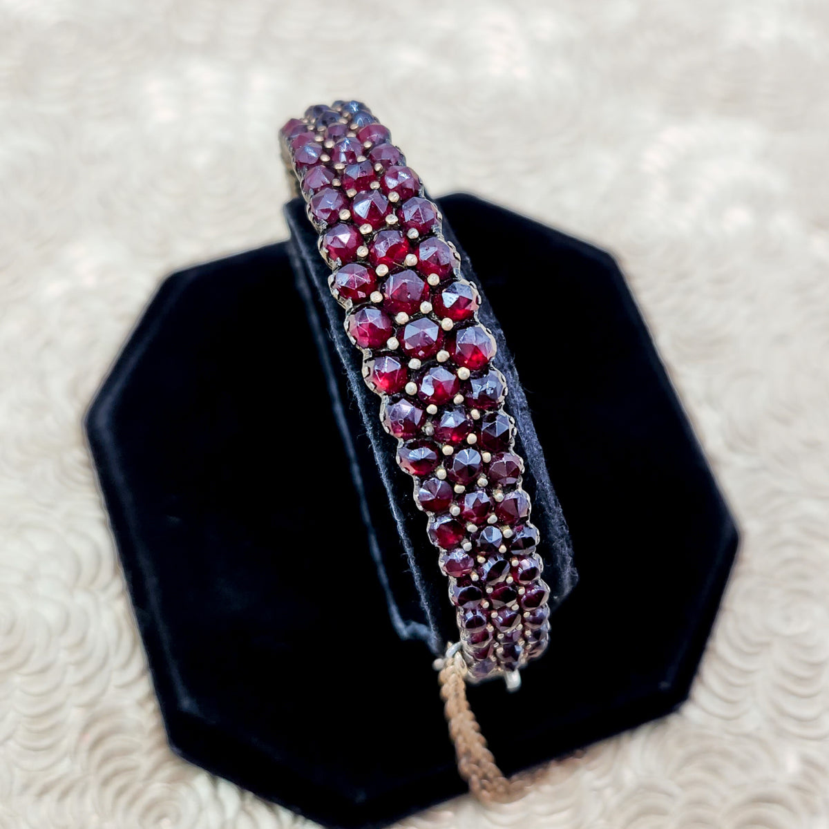 Antique 1900s Rose Cut Bohemian Garnet and Gilt Three Row Hinged Bangle 6.75" Bracelet image 1