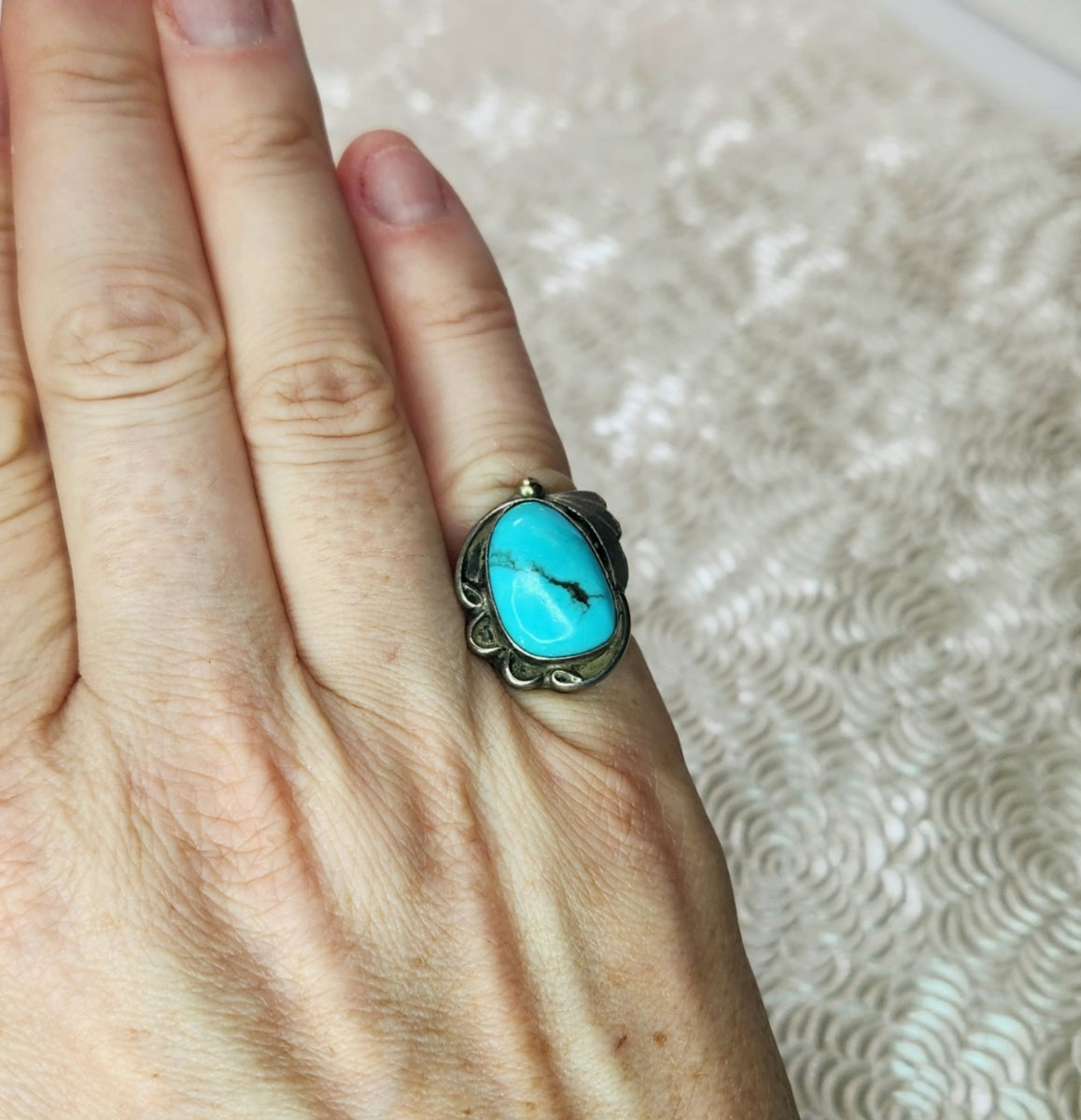 Vintage 1980s Blue Turquoise and Sterling Silver Solitaire Southwestern Pinky Size 4.5 image 7