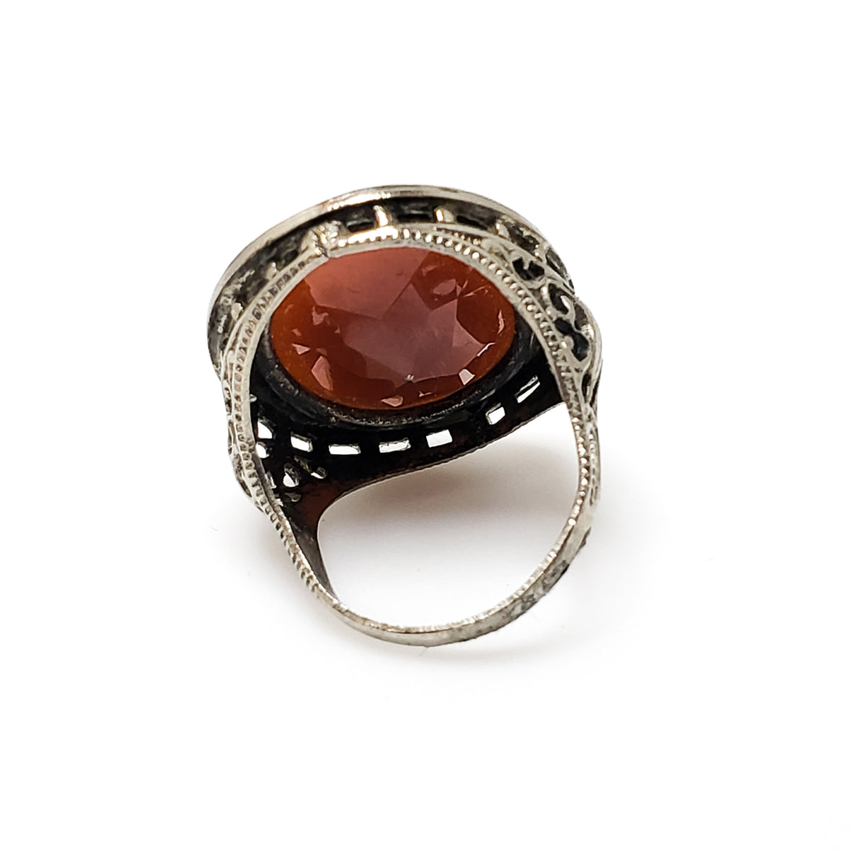 Antique 1920s NEMCO Art Deco Brownish Red Glass and Silver Plate Filigree Ring Size 4.75 image 4