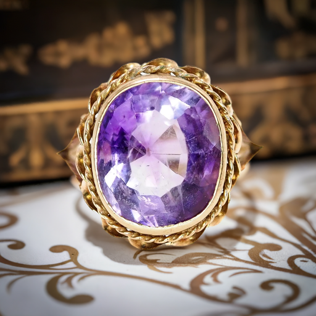 Antique Late Victorian Oval Cut 6.66ct Amethyst 14K Ring - 1880s Etruscan Revival Amethyst and Yellow Gold Solitaire Ring Size 7.5