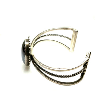 Vintage 1970s Hematite Cabochon Sterling  Silver Rope Native American Gemstone 6.5" Cuff Bracelet