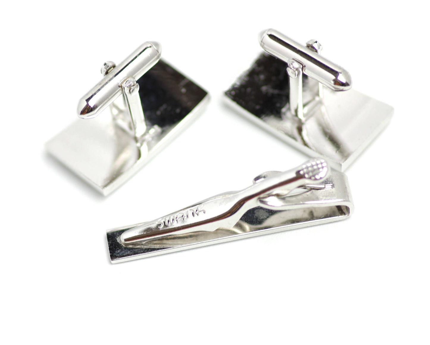 Vintage Silver Cufflinks and Tie Clip - 1960s SWANK Rectangular Cuff Links - Unisex Faceted Silver Tone Cufflinks and Tie Clip Set