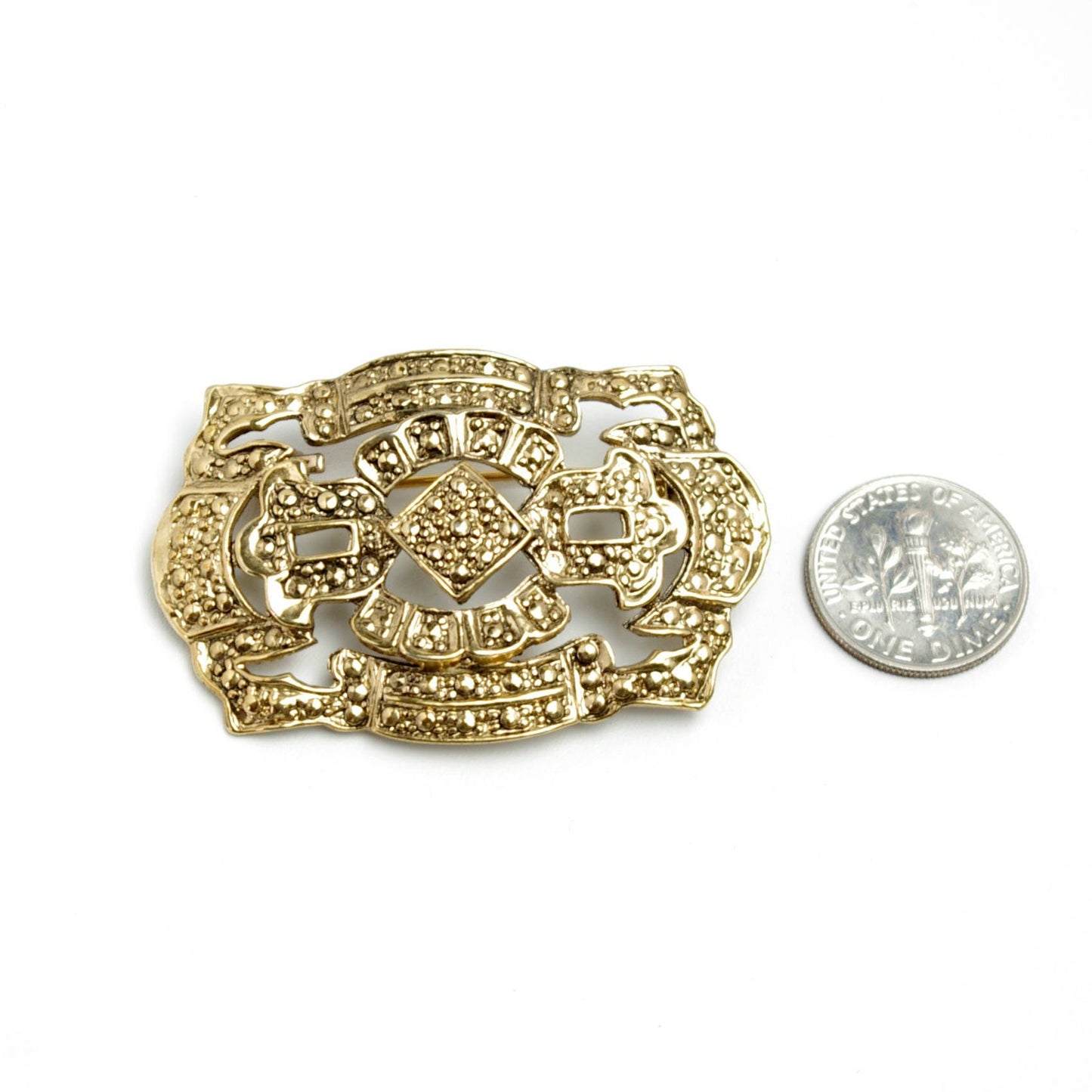 Vintage 1980s Granulation Reproduction Etruscan Gold Tone Brooch - 80s Vintage Gold Costume Pin