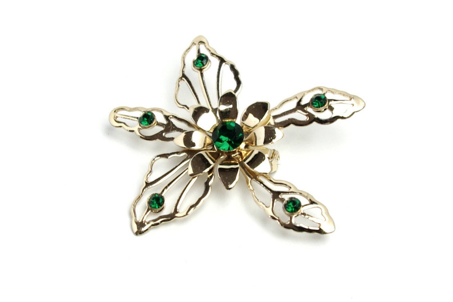 Sale - Vintage Large Green Brooch - Green Rhinestone Costume Brooch - Gold Tone Flower 1980s Pin